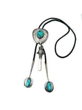 Native American Bolo Tie Signed WB Sterling Turquoise 105 Gram Unusual Owl